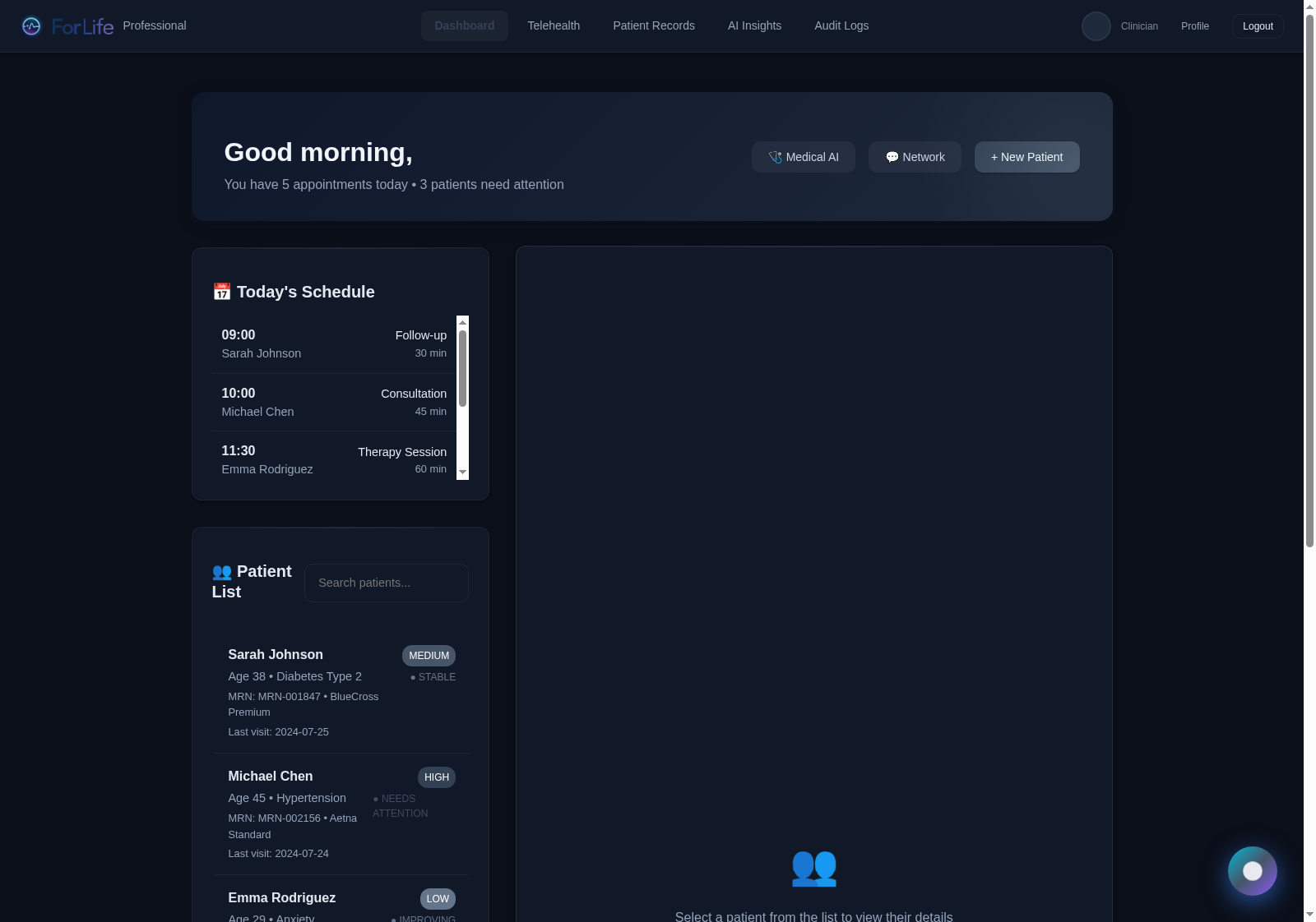 ForLife clinician dashboard