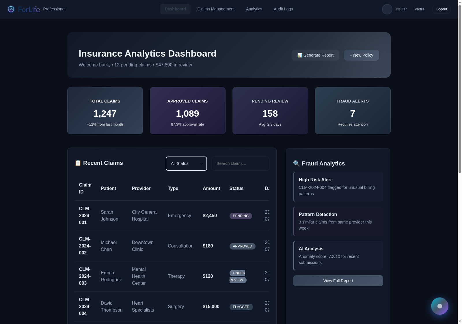 ForLife insurer dashboard